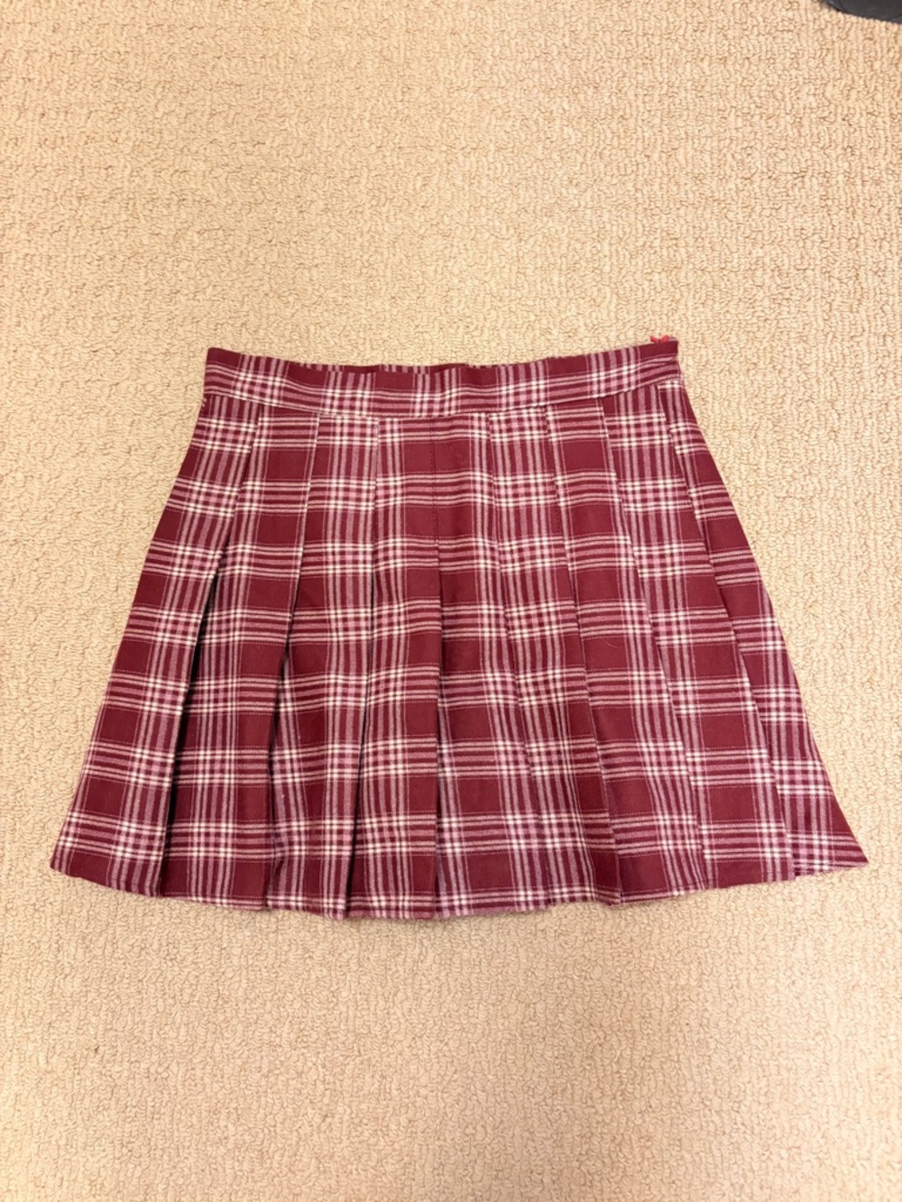 High Rise Wool-like Plaid Pleated Mini Skirt Burgundy - Approx US 4